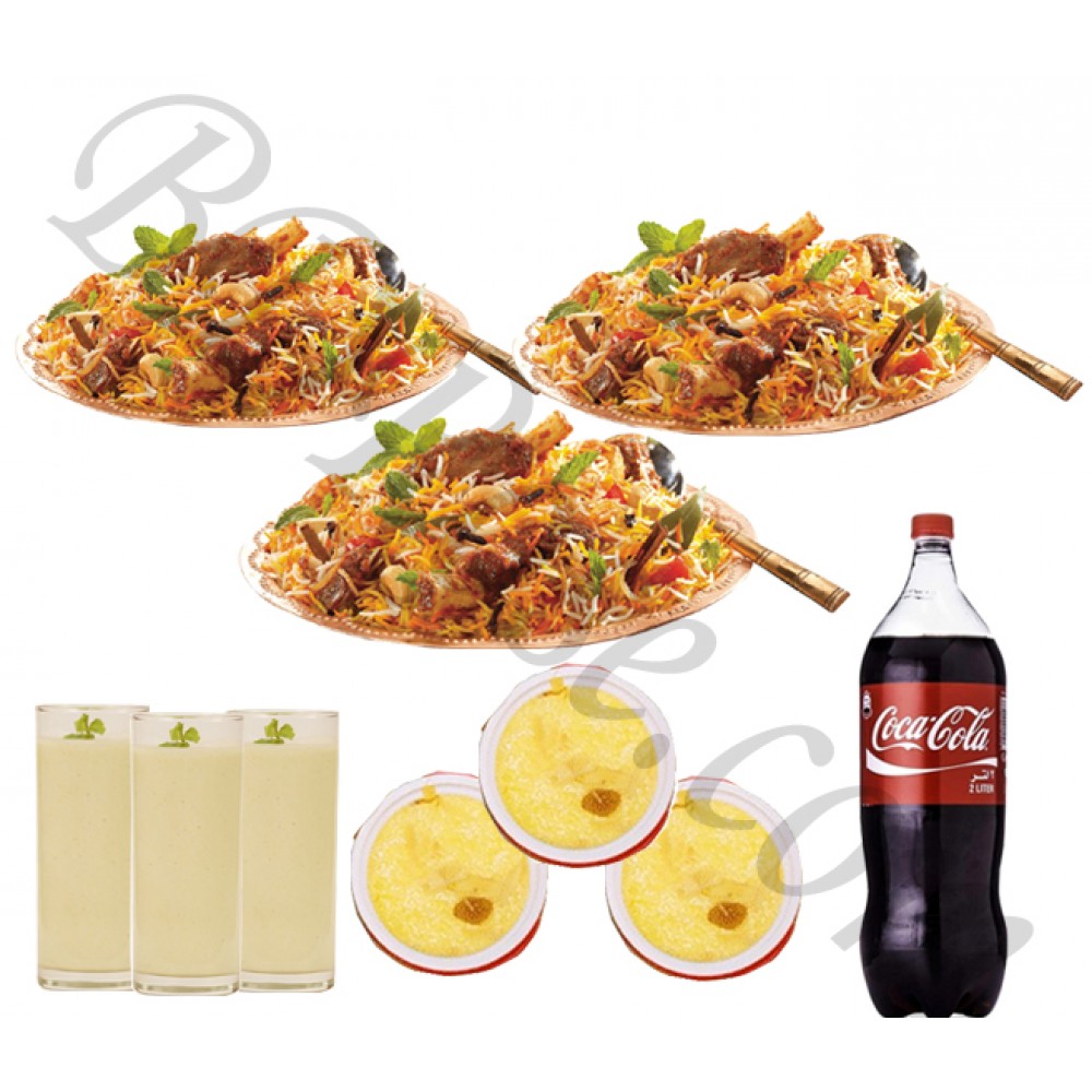 Nawabi voj kachchi biryani with 1 liter borhani, 3 pcs firney and 2 liter coke