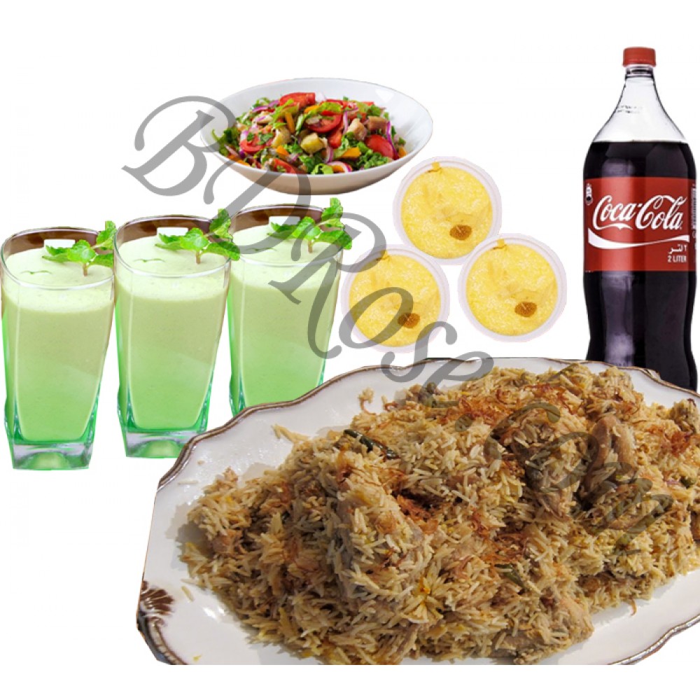 Star kachchi biryani with borhani, firney, coke and salads