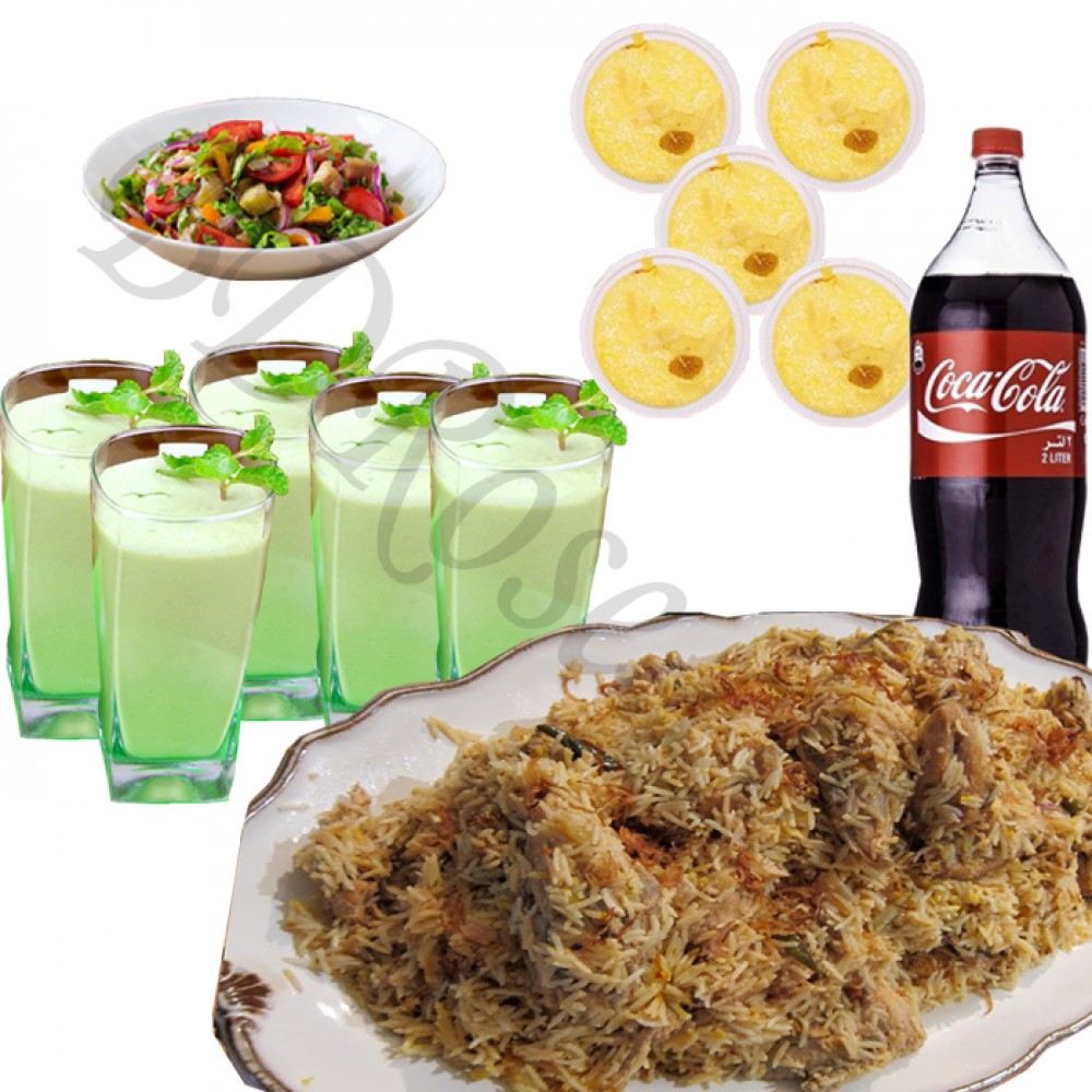 Star kachchi biryani, salads, coke, firney and borhani