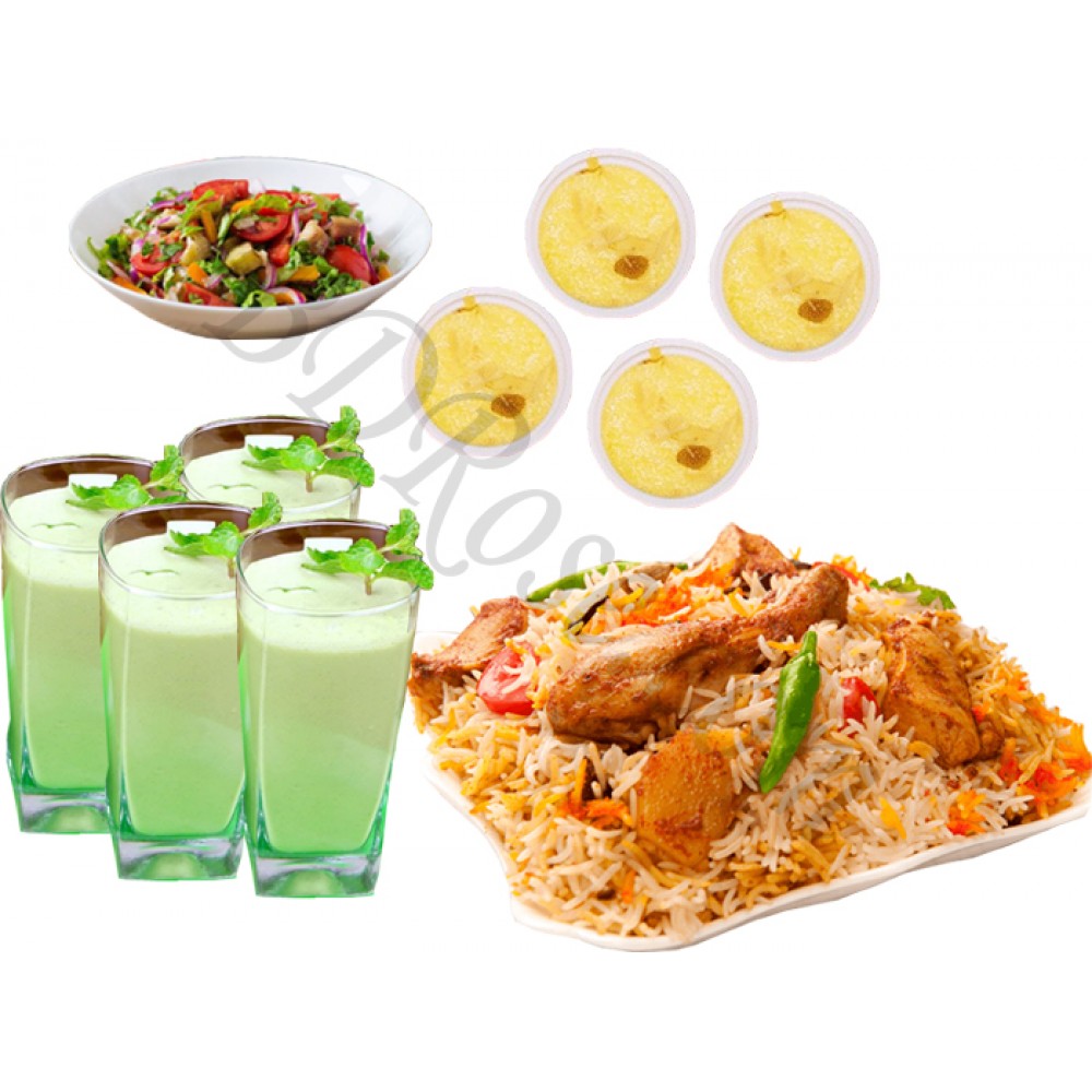 Star chicken biryani, borhani, firney and salads