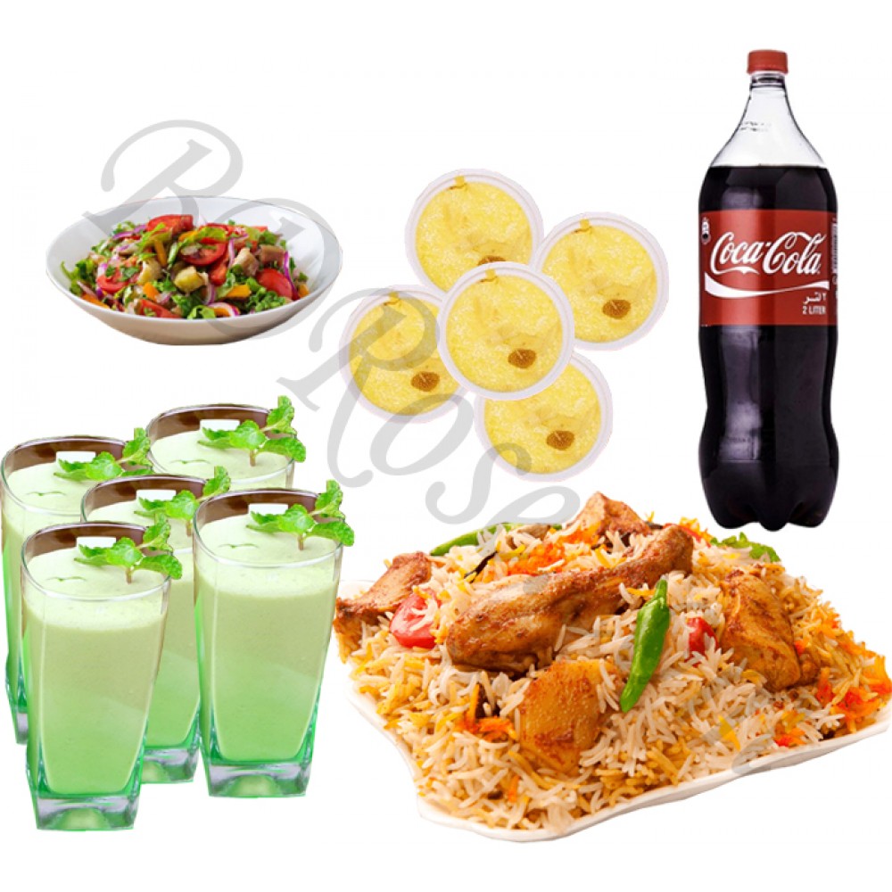 Star chicken biryani, borhani, salads, coke and firney