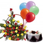 Balloons W / Black forest Mr. Baker cake & Mixed Roses Basket