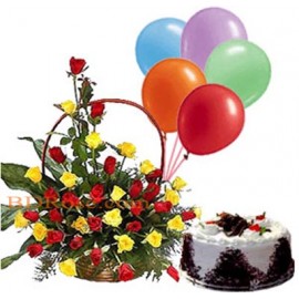 Balloons W / Black forest Mr. Baker cake & Mixed Roses Basket