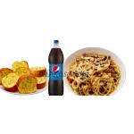 Carbonara with Garlic Bread & Pepsi