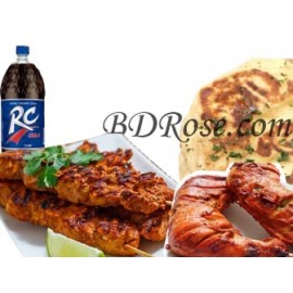 5pc Beef Sheek Kabab, 2pc Chicken jhal fry W/ 4 Naan and RC Cola