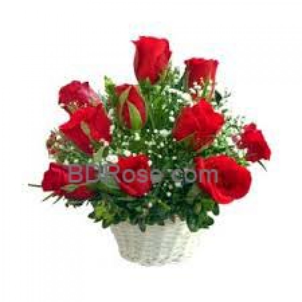 10 Red Roses in Basket