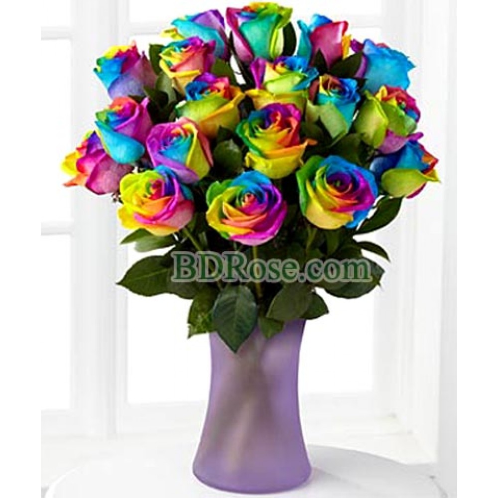 18 pcs Rainbow Roses in a Vase