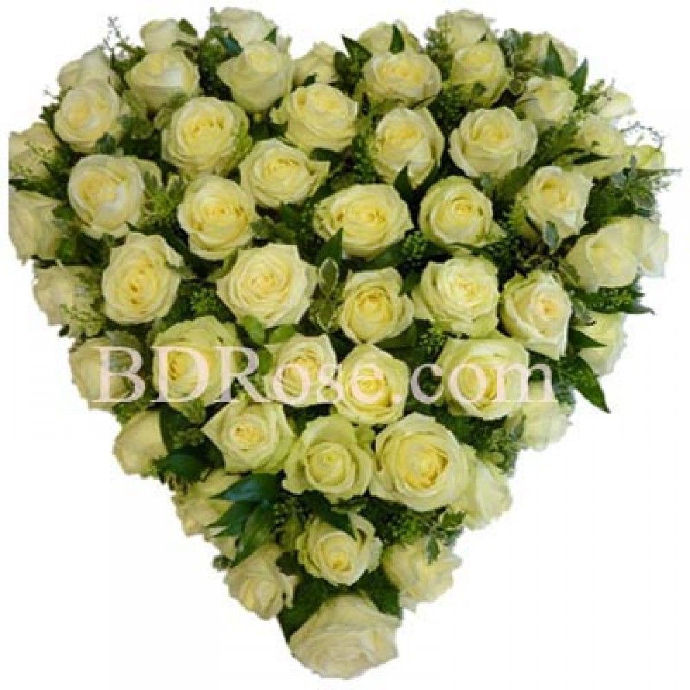 50 pcs white roses in a heart shape basket 