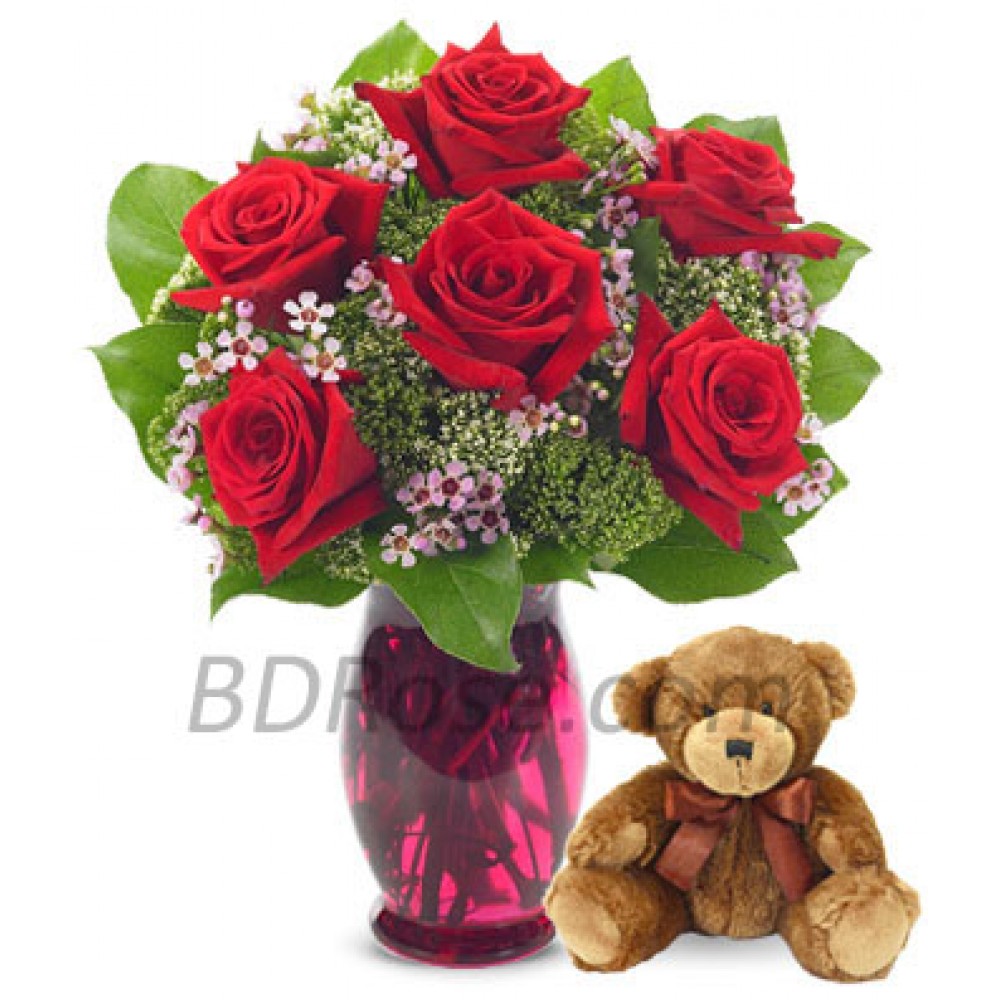 Half dozen red Rose in vase W/ Teddy Bear