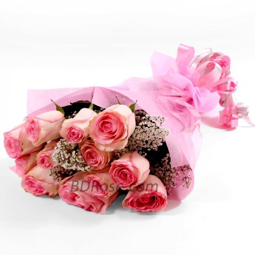 12pcs Imported Pink Roses in a Bouquet