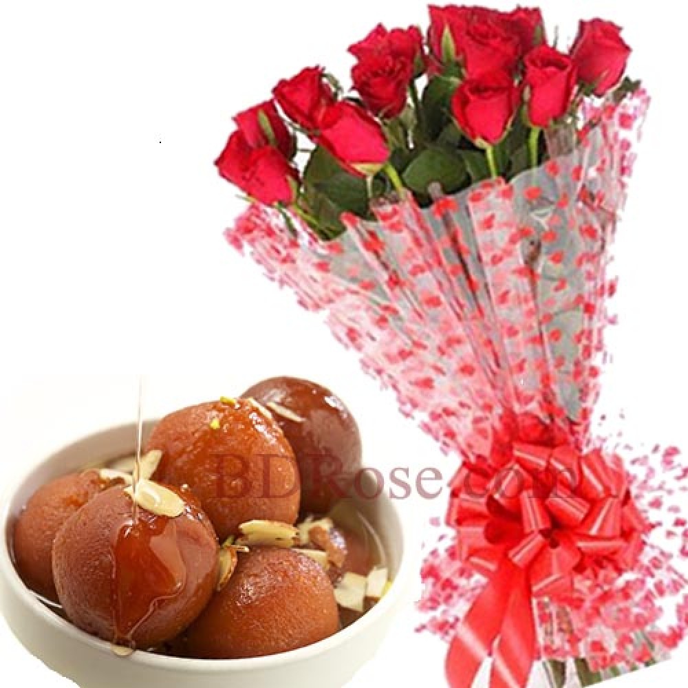 Red roses with Lalmohon sweets