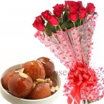 Red roses with Lalmohon sweets